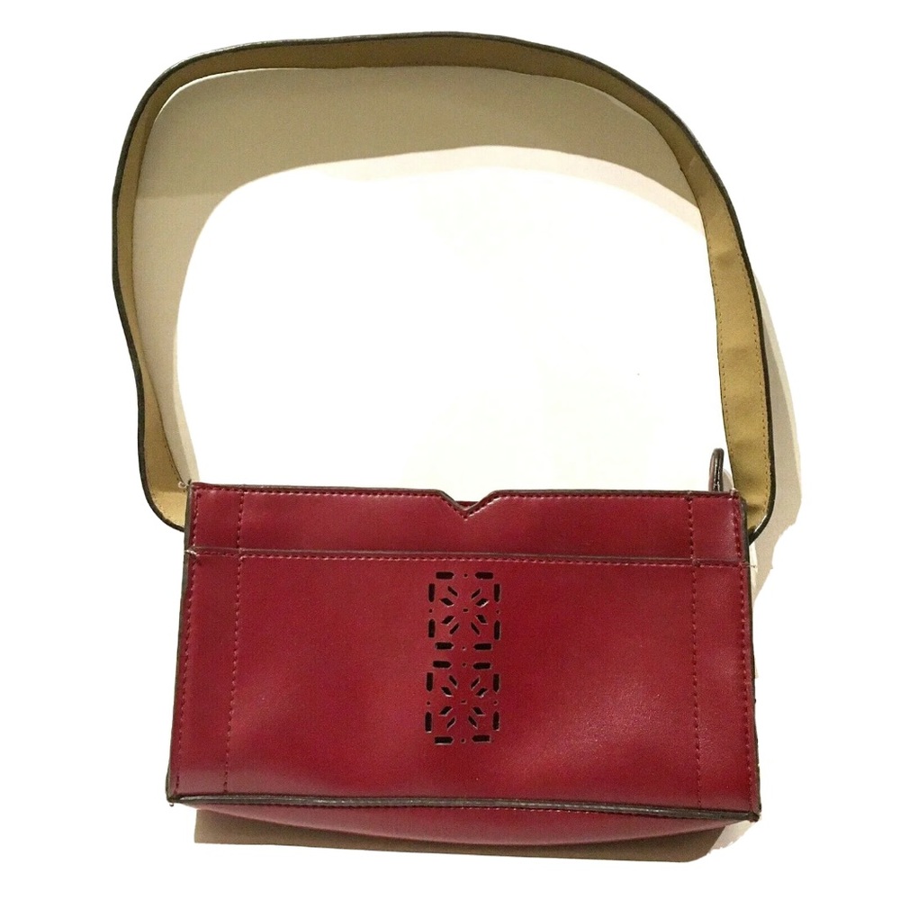 Mondani New York Red Faux Leather Purse Shoulder Bag Burgundy Pockets Cutout